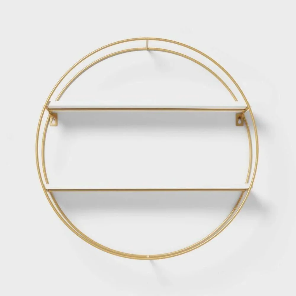 Pillowfort Kids' Modern Round Wall Shelf Gold Wire Frame 2 White Shelves -Target
